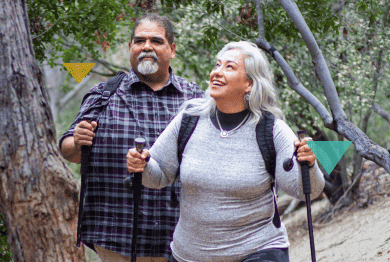 Middle-Aged Couple Hiking in the Forest Taking LOKELMA Banner